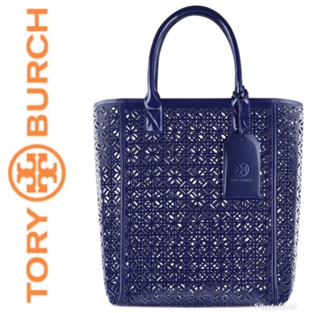 Tory Burch Tote Blue Perforated Patent Purse Bag